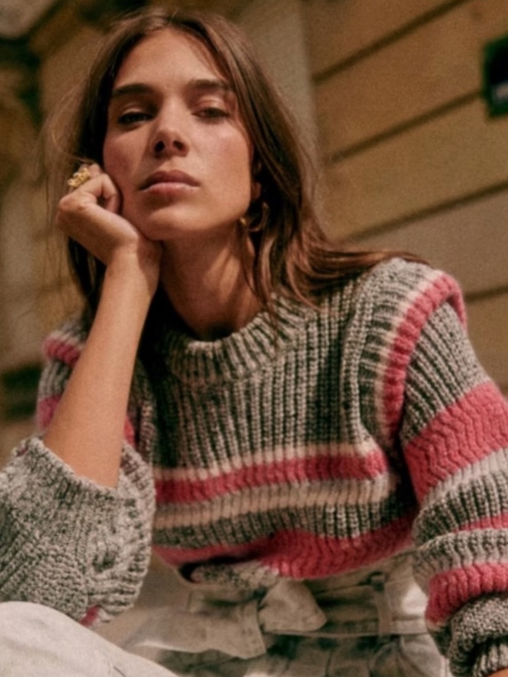 SÉZANE YARA JUMPER Striped Chunky Knit Sweater Shoulder Detail